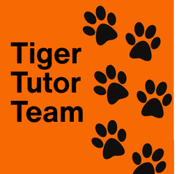 Tiger Tutor team in black text on an orange background. There are black pawprints to the right.