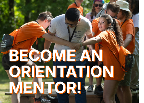 Photo of Honors mentors with orange and white text "Become An Orientation Mentor"