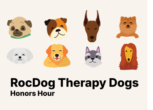 "RocDog Therapy Dogs Honors Hour" in black text below graphics of dogs on a cream background