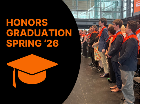 "Exit Survey Spring '26" in orange text over a photo of students at Honors graduation on the right