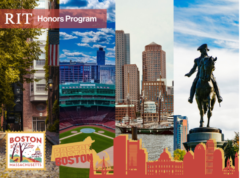 Collage of four photos of Boston with Boston graphics and white RIT Honors logo in the top left corner