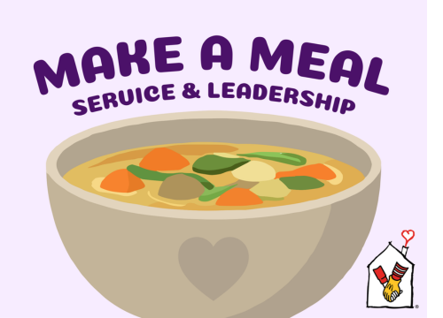 "Make A Meal, Service & Leadership" in purple above a bowl of soup graphic and the Ronald McDonald House logo on a light purple background