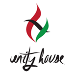 Unity House blue, green, and black symbol with "Unity House" in script underneath