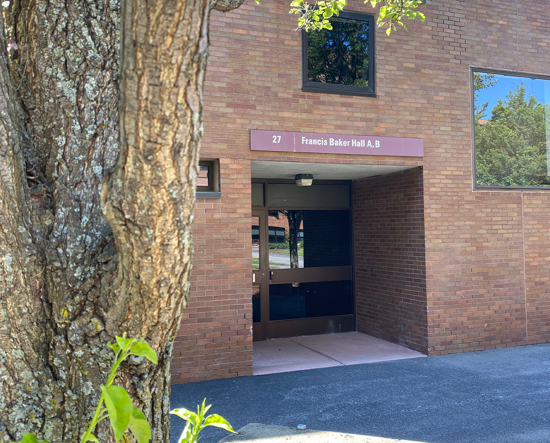 entrance of brick residence hall, Frances Baker Hall