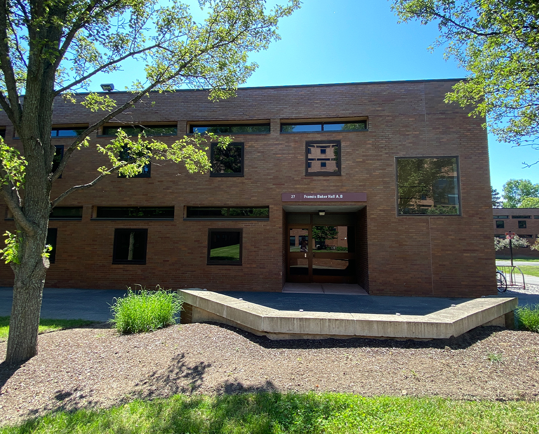 entrance of brick residence hall, Frances Baker Hall