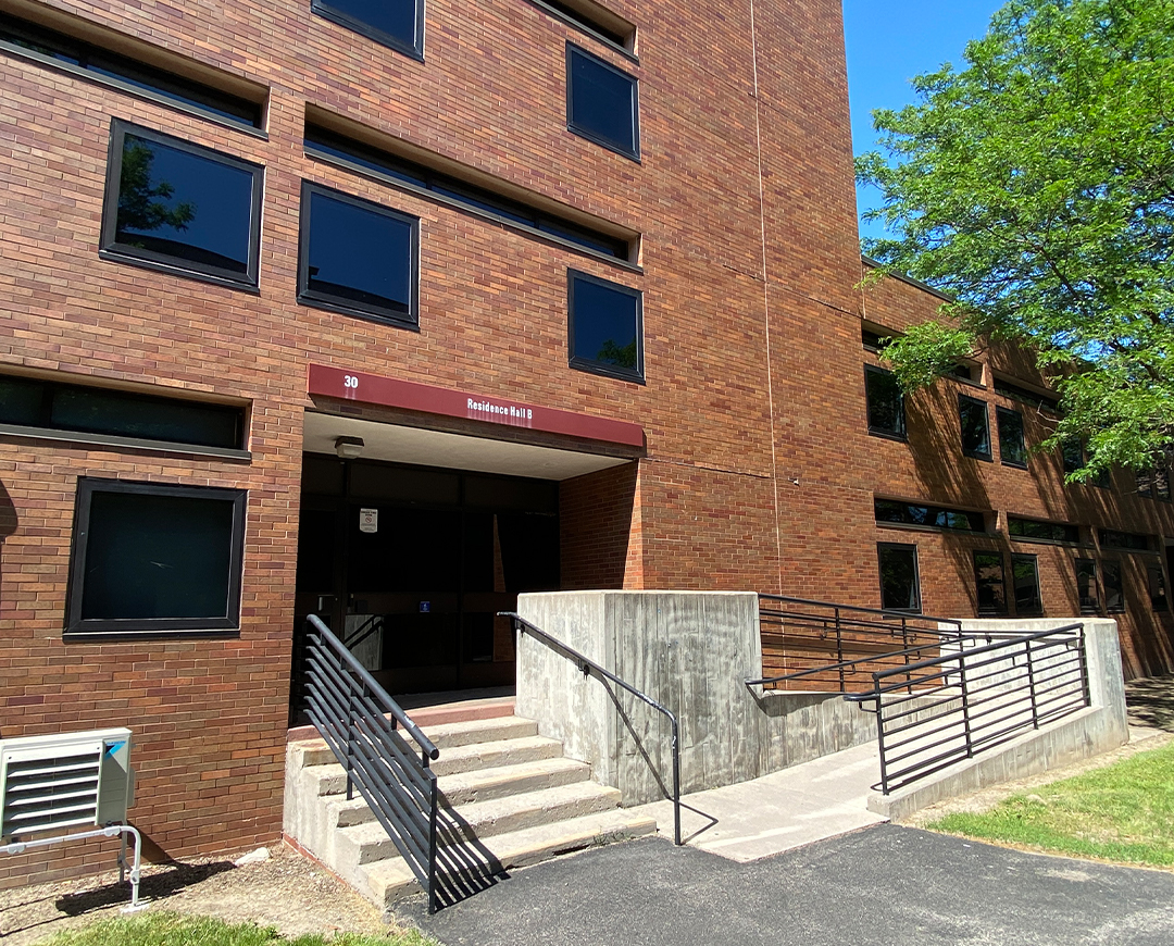 entrance of brick residence hall b