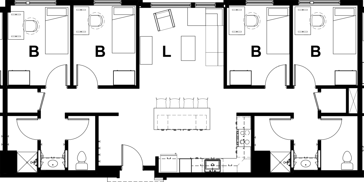 floor plan showing walls, furniture, and utility layout for 4 bedroom without kitchen