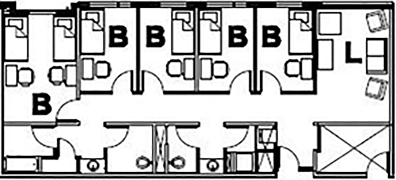 floor plan showing walls, furniture, and utility layout for 5 bedroom without a Kitchen