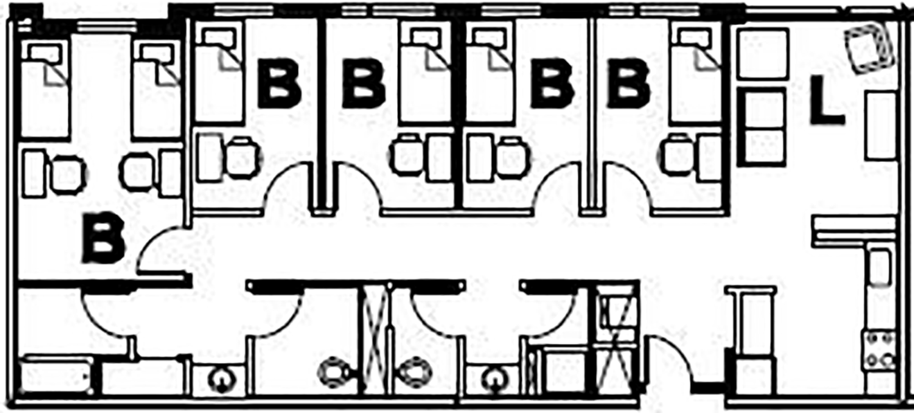 floor plan showing walls, furniture, and utility layout for 5 bedroom with a Kitchen