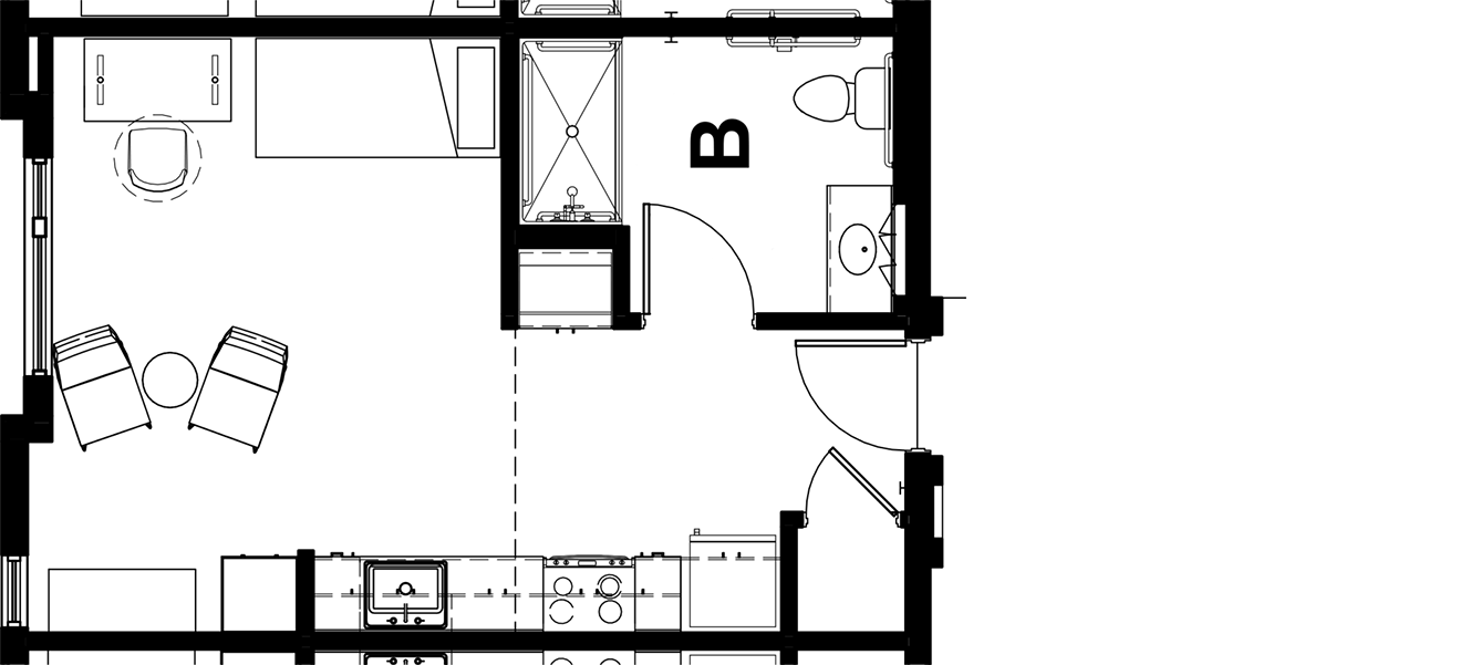 floor plan showing walls, furniture, and utility layout for Studio with a Kitchen