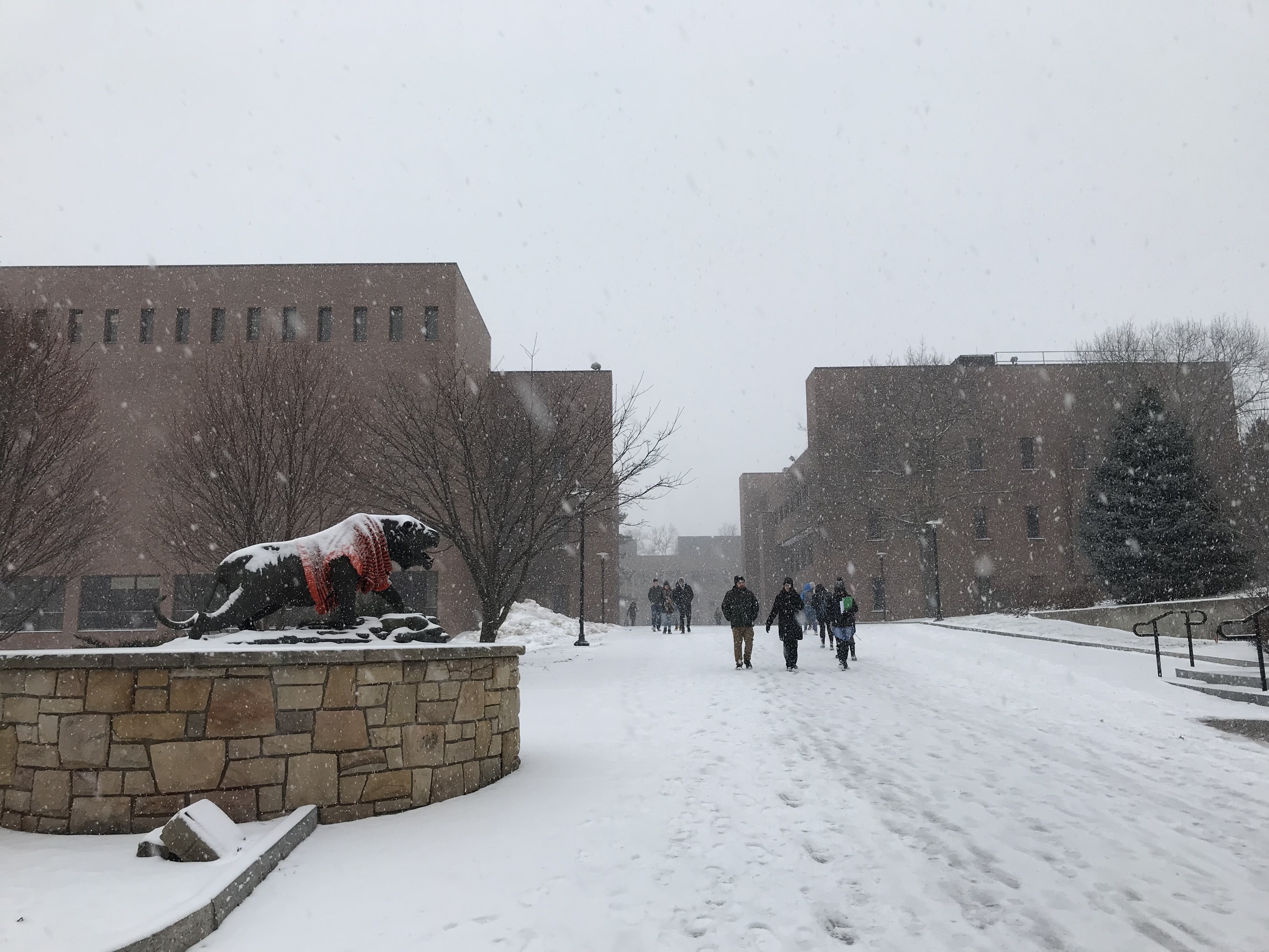 RIT campus snowy walkway with students walking
