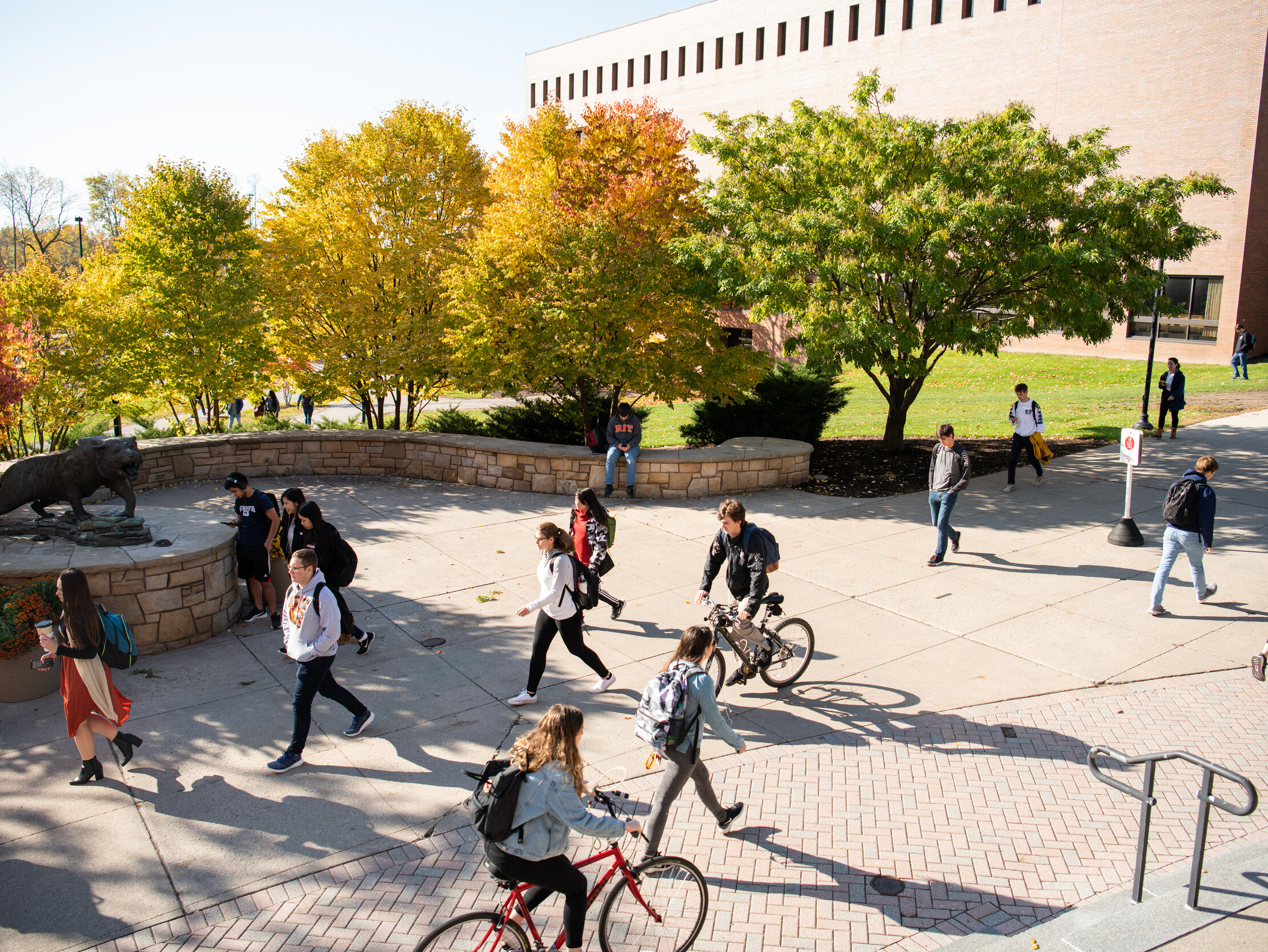 students walking and biking on campus