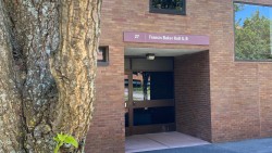 entrance of brick residence hall, Frances Baker Hall