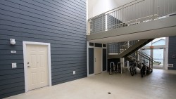 University Commons hallway with stairs and bike storage area