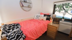 pink comforter on a bed in front of a window