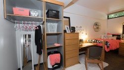 residence hal room showing a closet, shelves, desk, and bed