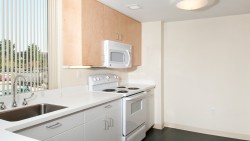 kitchen in suite showing cabinets, microwave, stove, and sink