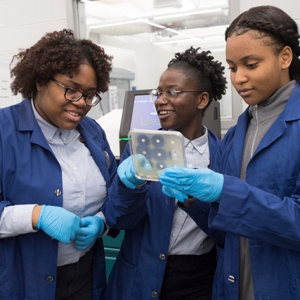 Three high school students wearing blue lab coats examine petri dish.