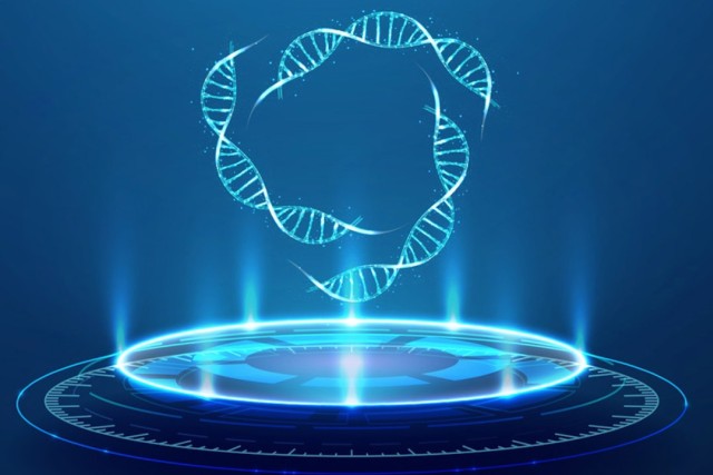 Illustration of three DNA molecules floating in a circle above a glowing platform against a dark blue backdrop