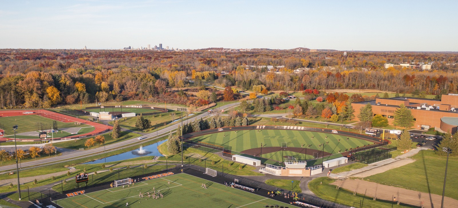 Arial photo of campus athletic fields in the Fall