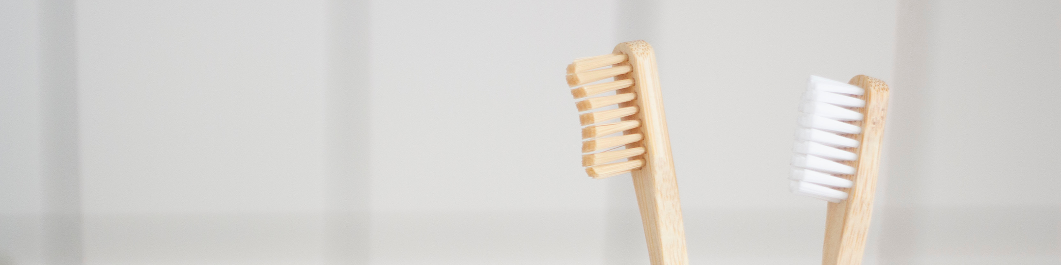 natural bristle wooden toothbrushes against a white tile background