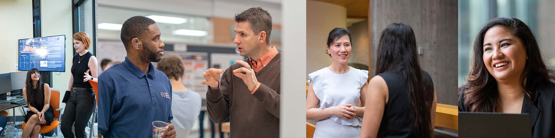 multiple images of staff and faculty in candid conversations
