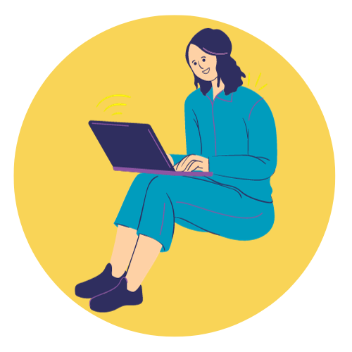 woman sitting at laptop in yellow circle