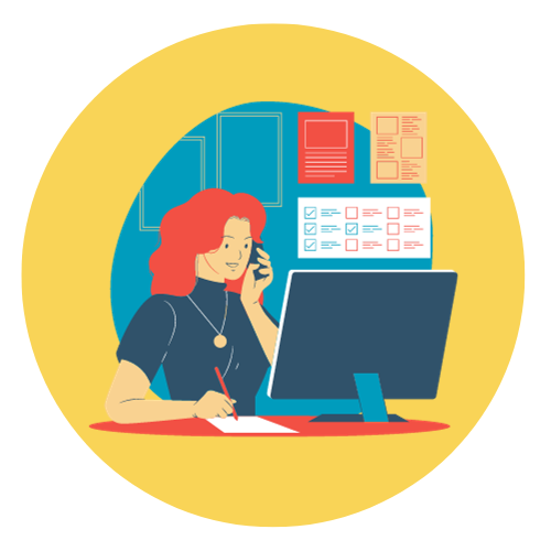 cartoon person on the phone and computer in a cubicle