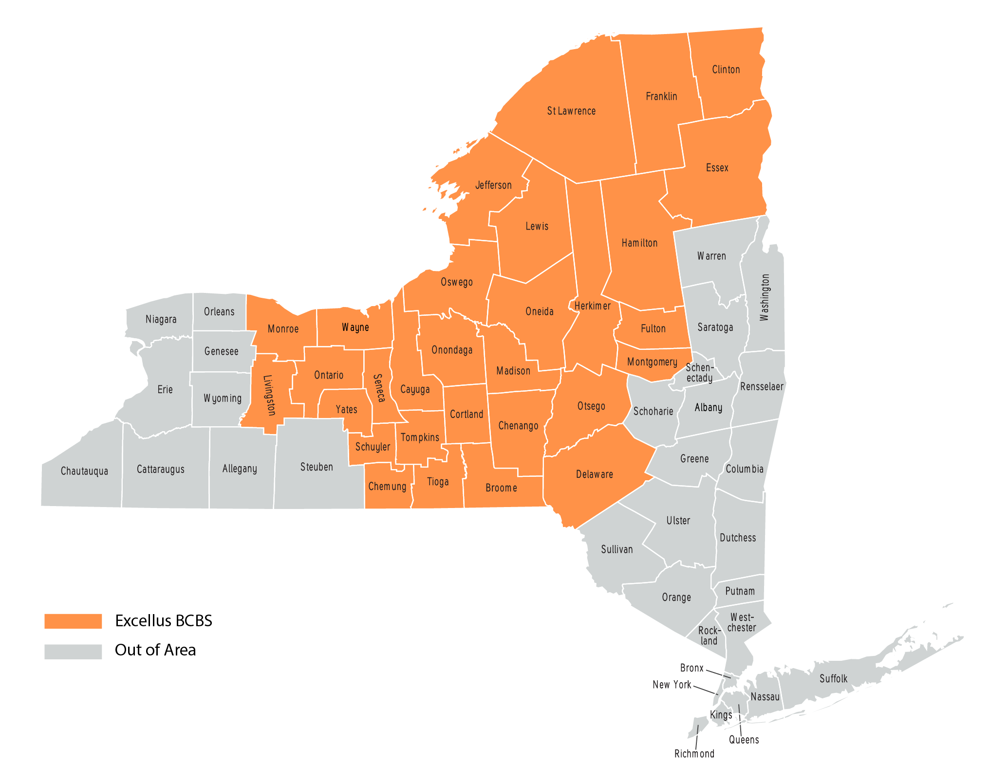 Map of New York State with select central and northern counties highlighted in orange; all other counties are gray.