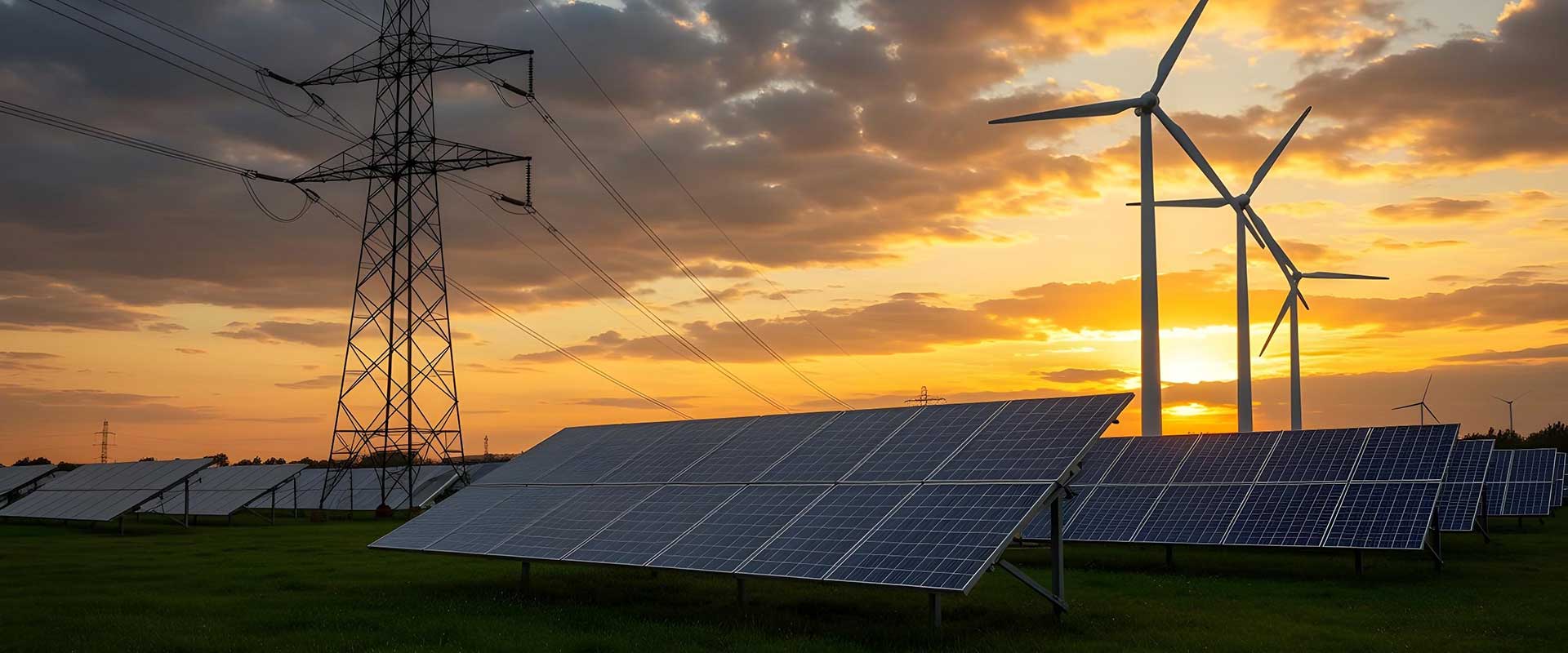 A sunset with wind turbines and solar panels in the foreground.