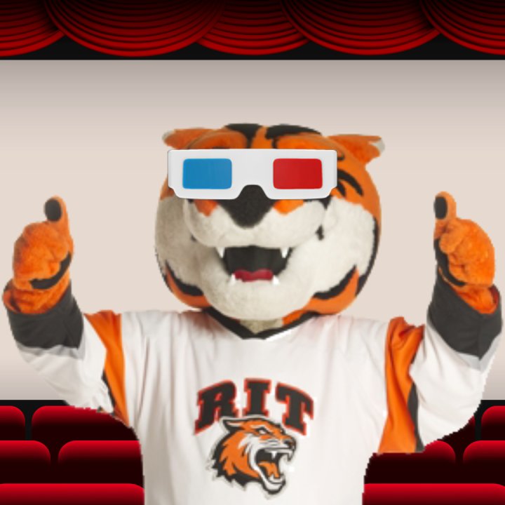 RITchie, RIT's tiger mascot, holding two thumbs up and wearing a pair of red and blue 3D glasses standing inside of a movie theater.