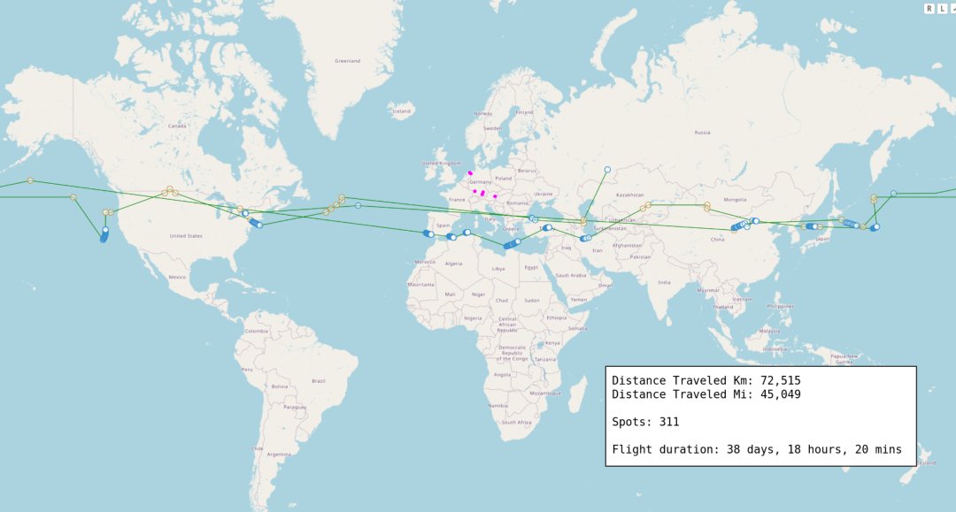 Map of the path taken by a picoballoon launched December 2025
