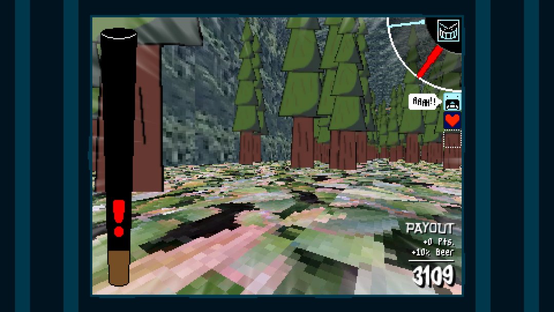 The main character running through a forest, with a low amount of beer. A small text bubble on the right reads "Aaah!!"