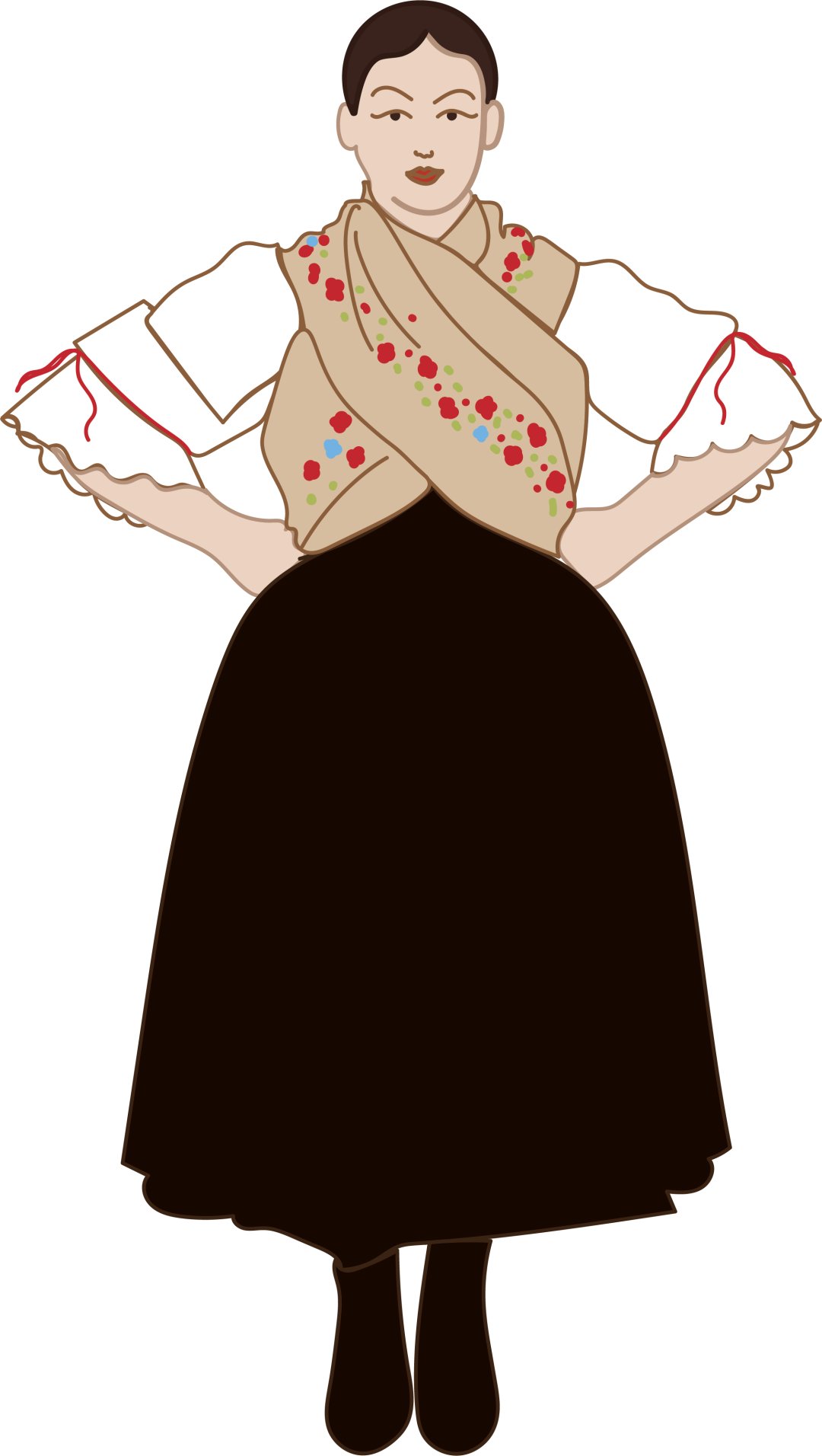 Illustration of a standing figure wearing traditional layered clothing with embroidered details, a light blouse, a wrapped vest, a long dark skirt, and hands resting on the hips against a plain white background.