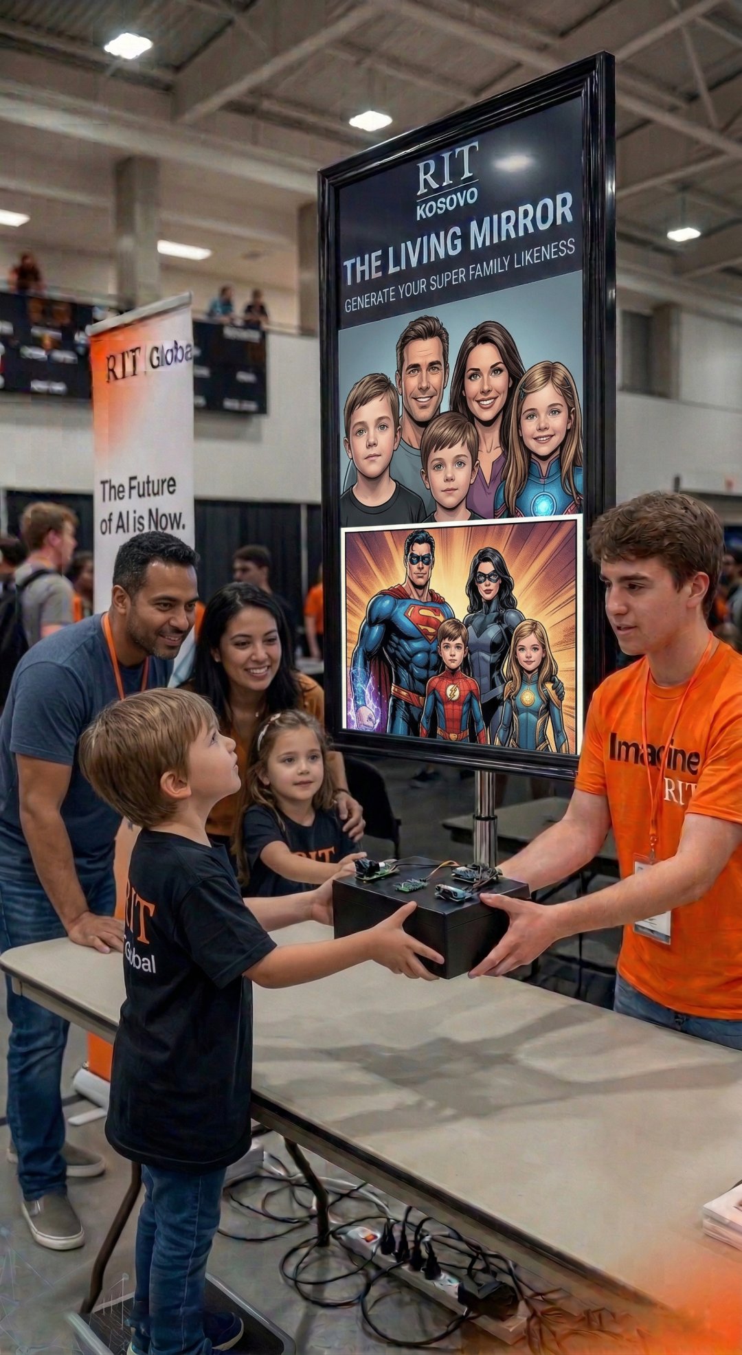 A family tries an AI exhibit that creates cartoon and superhero portraits.