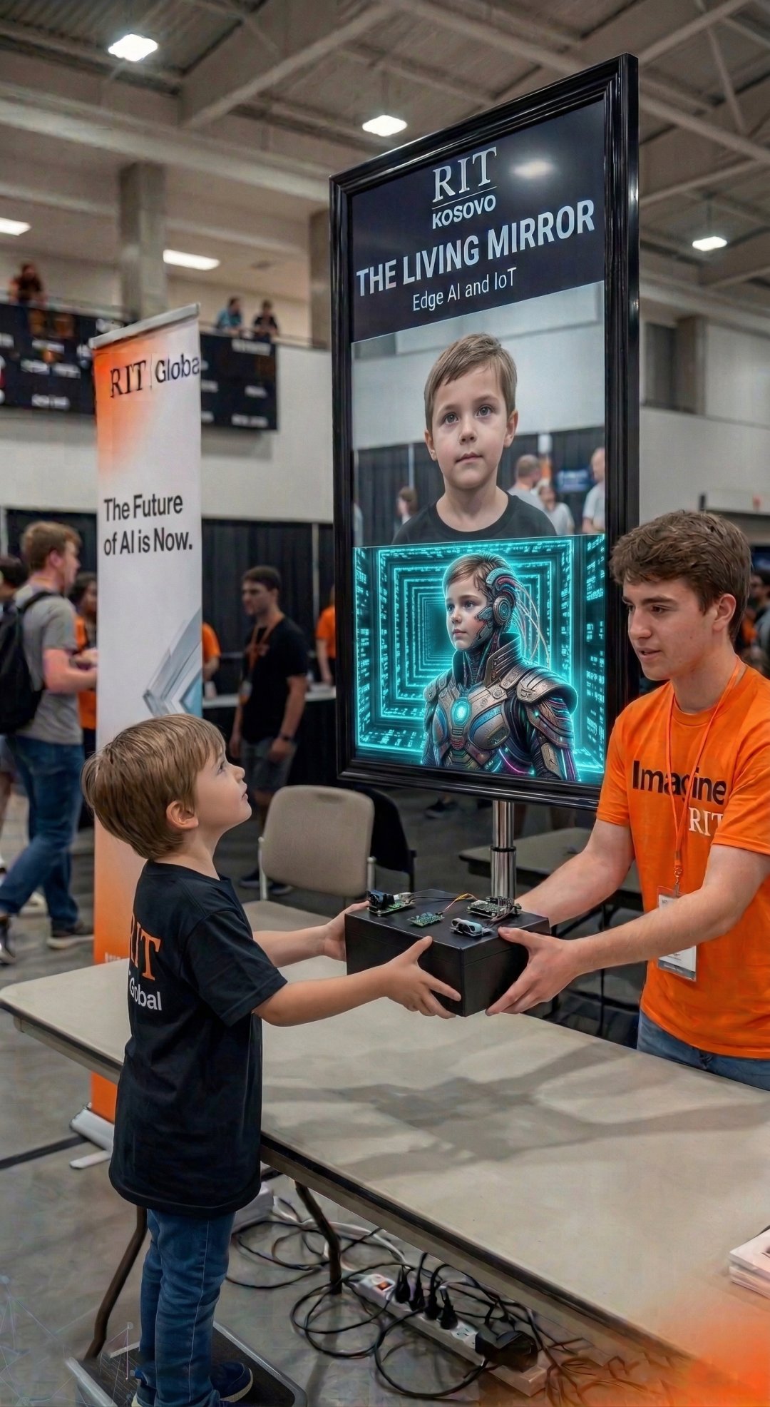 A young boy tries an AI exhibit that creates cartoon and superhero portraits.