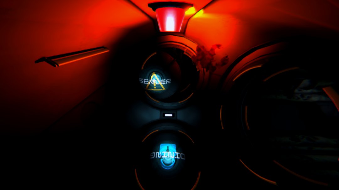 Hall junction. two doors, one in front, other below. emergency light on the ceiling, glowing red