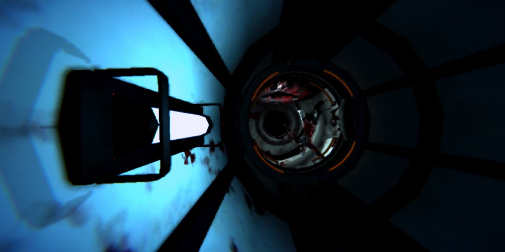 Hallway, light illuminates revealing a grizzly scene in the background. A cadaver, slowly floating