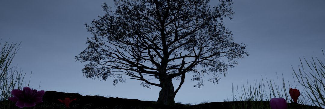 Silhouetted environment of a tree on a hill against a blue sky