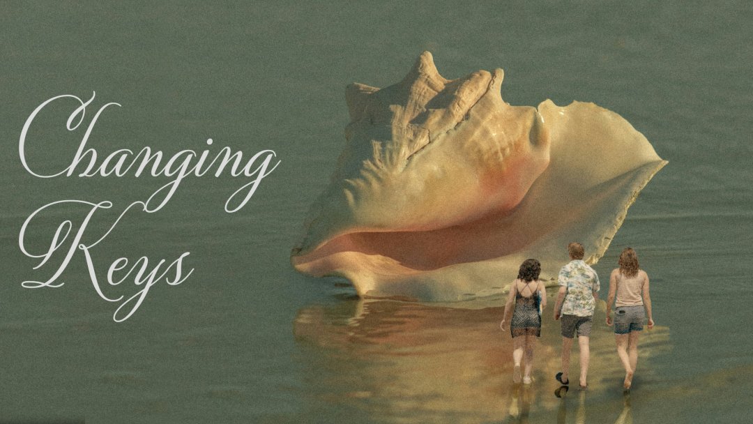 Three young adults walk across a beach towards a giant conch shell. Text reads "Changing Keys"