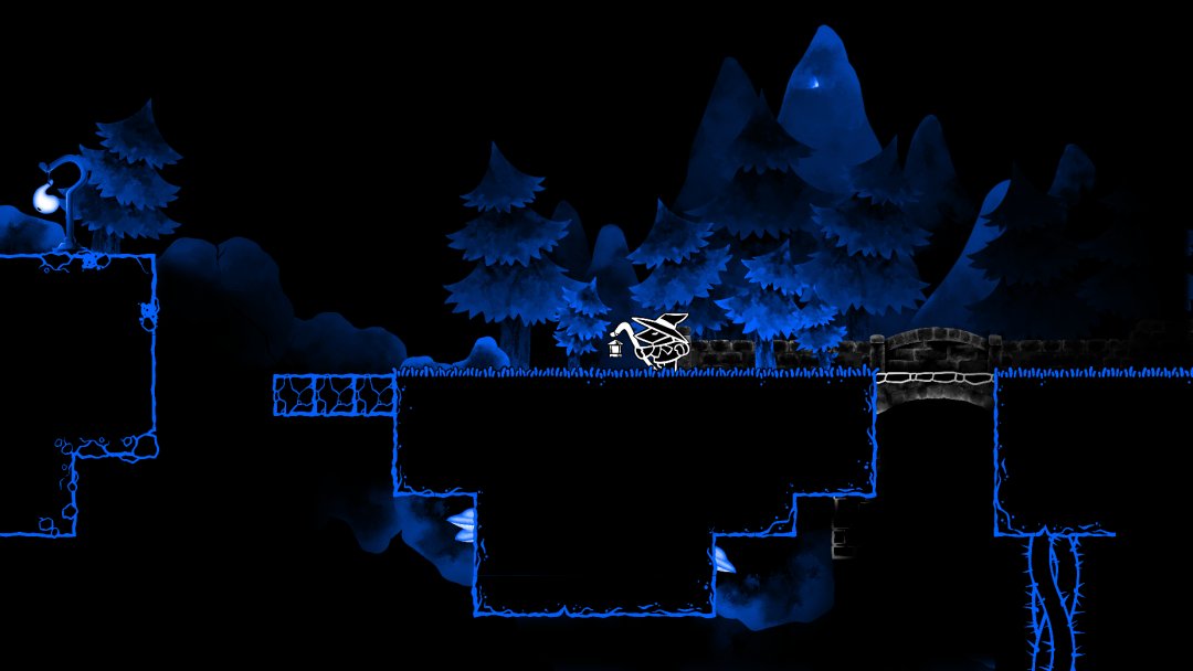 Segment of a lanternbearer demo level where the player's light is on and illuminating their surroundings
