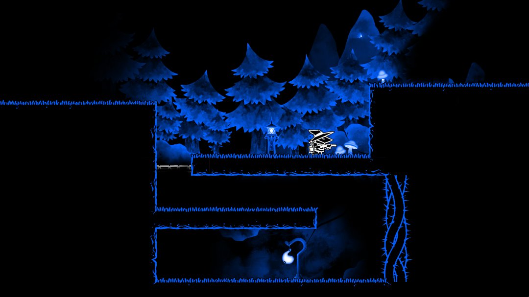Lanternbearer demo level where the player is running along the top of the screen, which is now illuminated by their light