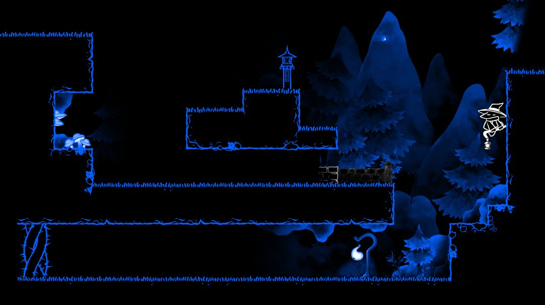Lanternbearer demo level where the player is suspended on the wall by their staff