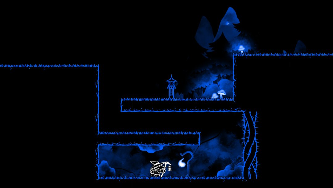 Lanternbearer demo level where the player is running along the bottom of the screen and the top of the level is dark