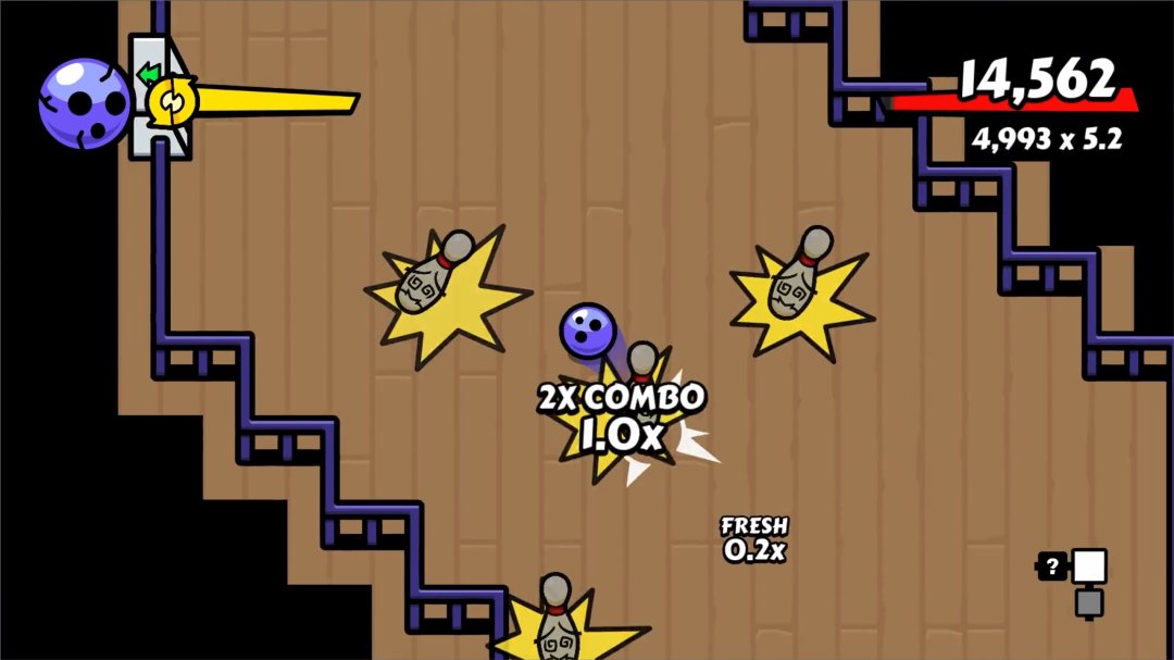 A screenshot of Unholy Roller gameplay. The Roller knocked down the last pin in the room, showing flashy paricle effects and a combo score pop-up.