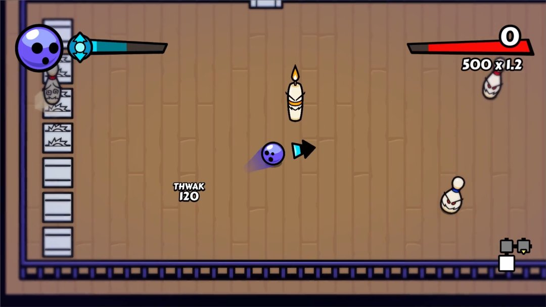 A screenshot of Unholy Roller gameplay. The Roller is rolling by several pins moving toward it.