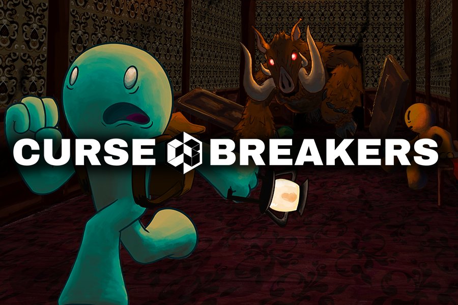 A blue humanoid runs from a rampaging beast. The words "Curse Breakers" are displayed over the image.