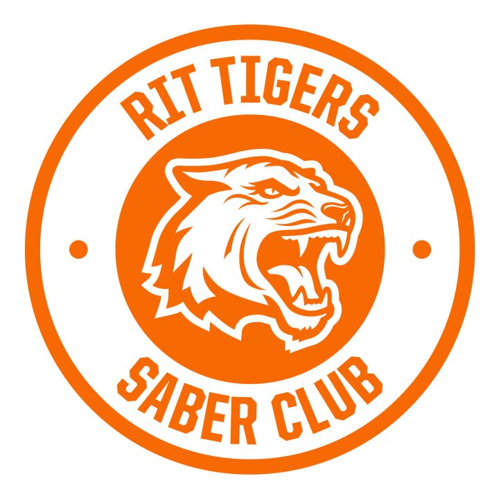 RIT Tiger logo centered in an orange circle with text around the orange circle saying "RIT Tigers" on top and "Saber Club" On the bottom