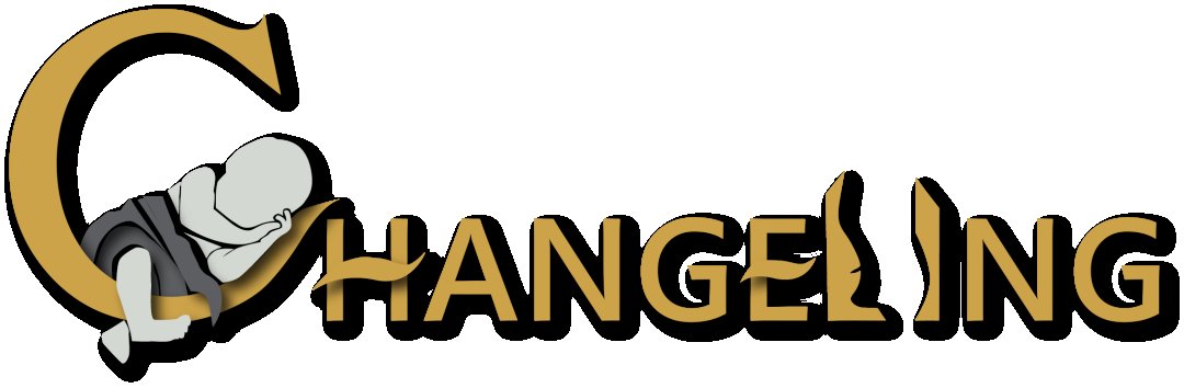 The word Changeling, with a baby sleeping in the C and the L and I being interrupted by the negative space of a person.