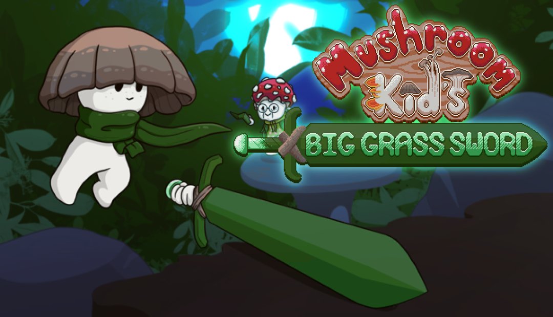 The main character, Mica, swinging their sword near the character Grandmashroom with a title near that reads: Mushroom Kid's Big Grass Sword